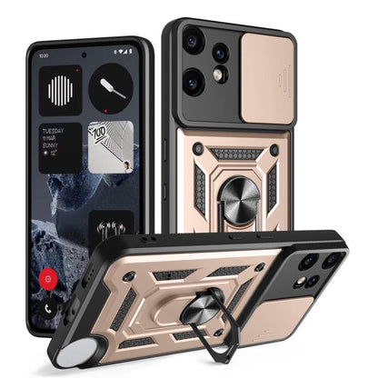 Sliding camera cover phone case with rugged rose gold TPU+PC shell and ring grip