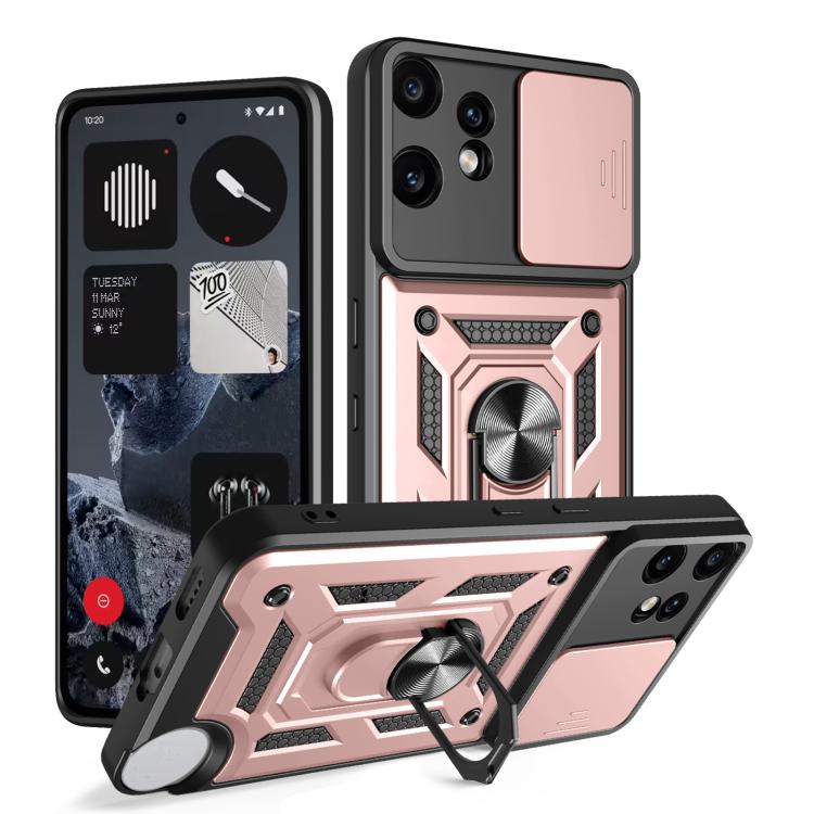 Rugged sliding camera cover TPU phone case, rose pink with textured armor design