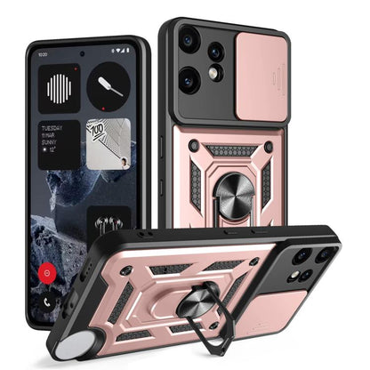 Rugged sliding camera cover TPU phone case, rose pink with textured armor design