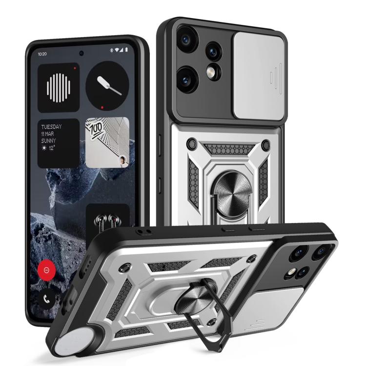 Rugged sliding camera cover TPU phone case, silver with textured armor design