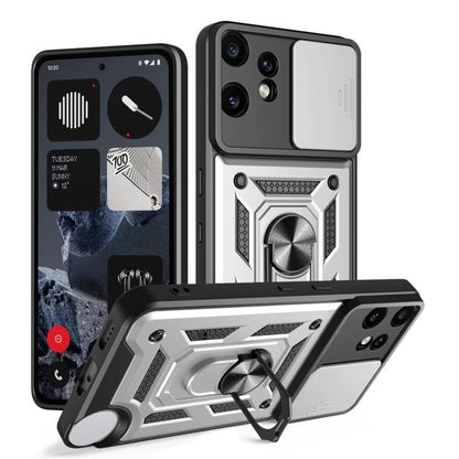 Rugged sliding camera cover TPU phone case, silver with textured armor design