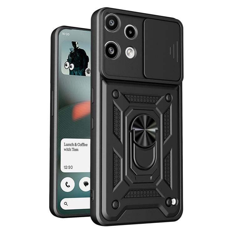 Rugged TPU/PC phone case with sliding camera cover, black armor and ring grip