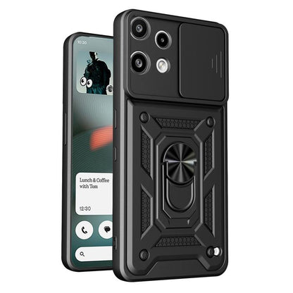 Rugged TPU/PC phone case with sliding camera cover, black armor and ring grip