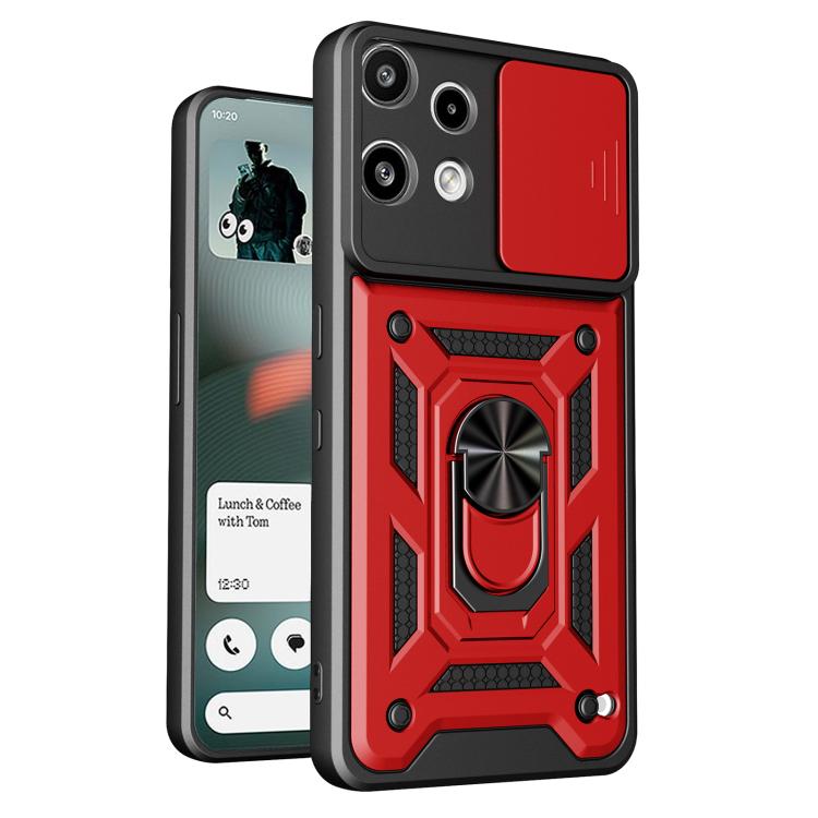 Rugged TPU/PC phone case with sliding camera cover, red armor and ring grip