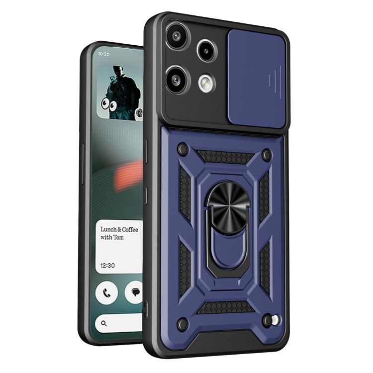 Sliding camera cover phone case with rugged blue TPU+PC shell and ring grip