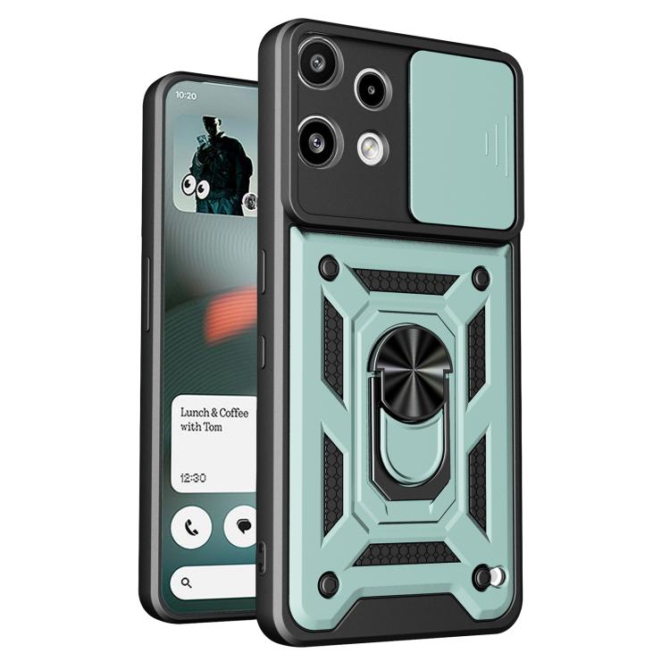 Sliding camera cover phone case with rugged mint TPU+PC shell and ring grip
