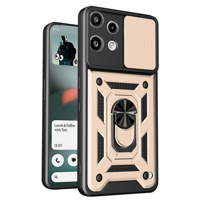 Sliding camera cover phone case with rugged beige TPU+PC shell and ring grip