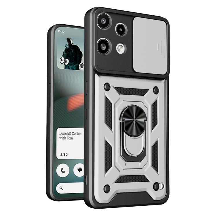 Sliding camera cover phone case with rugged silver TPU+PC shell and ring grip