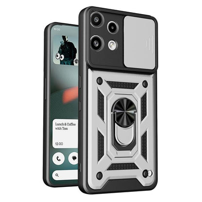 Sliding camera cover phone case with rugged silver TPU+PC shell and ring grip