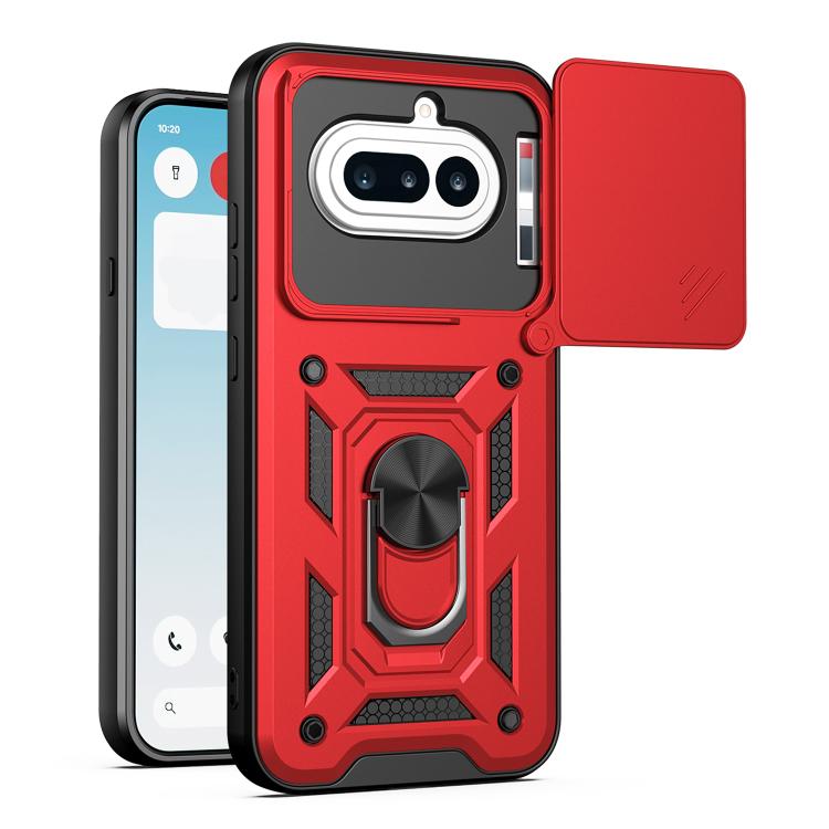 TPU/PC phone case with sliding camera cover, red rugged armor with ring grip