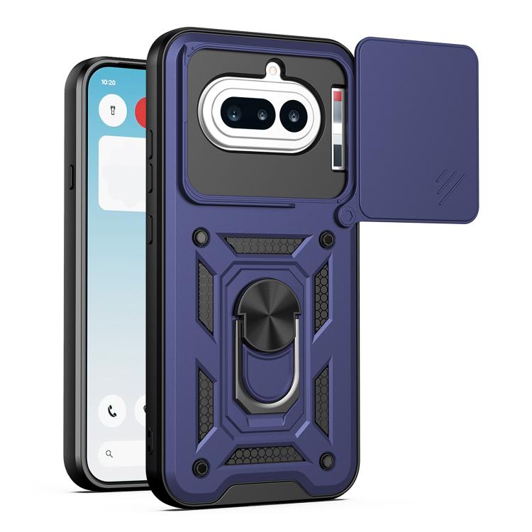 TPU/PC phone case with sliding camera cover, blue rugged armor design