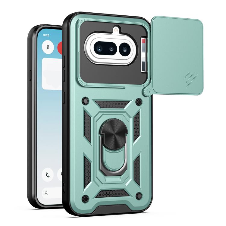 TPU/PC phone case with sliding camera cover, teal rugged armor and ring grip