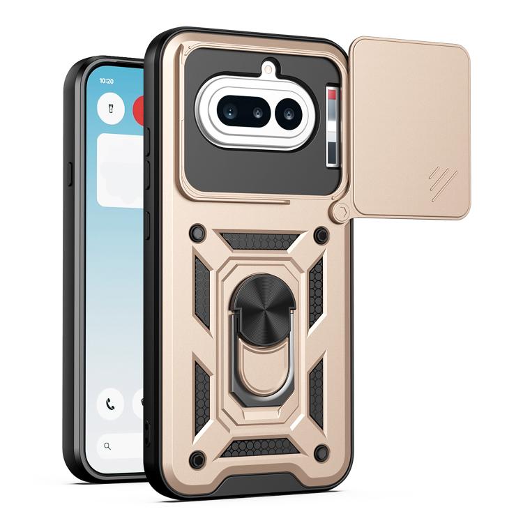 TPU/PC phone case with sliding camera cover, champagne gold rugged armor design