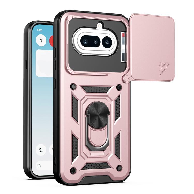 TPU/PC phone case with sliding camera cover, rose pink rugged armor and ring grip