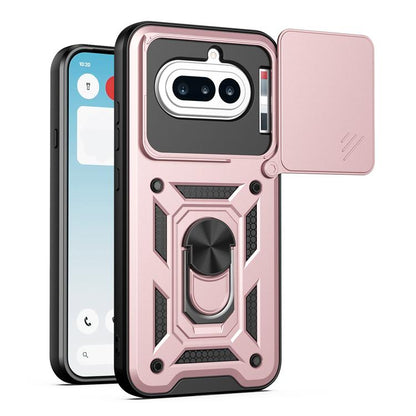 TPU/PC phone case with sliding camera cover, rose pink rugged armor and ring grip