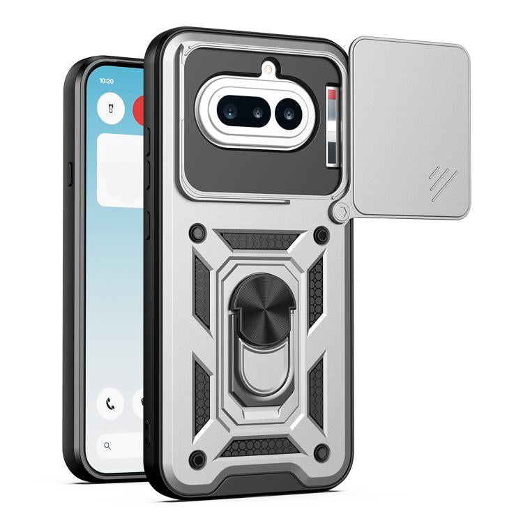 TPU/PC phone case with sliding camera cover, silver and dark gray rugged armor