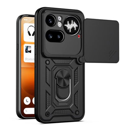Black rugged phone case with sliding camera cover and raised camera protection panel
