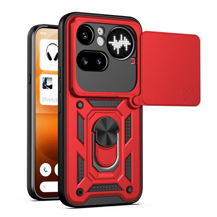 Red rugged phone case with sliding camera cover and raised camera protection panel