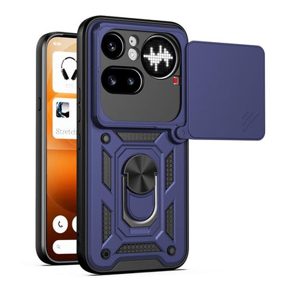 Blue rugged phone case with sliding camera cover and raised camera protection panel