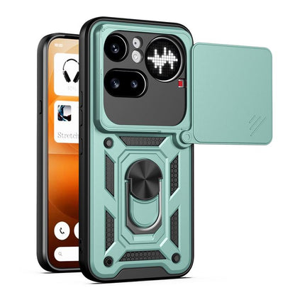 Light teal rugged phone case with sliding camera cover and raised camera protection