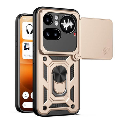 Gold-toned rugged phone case with sliding camera cover and raised camera protection