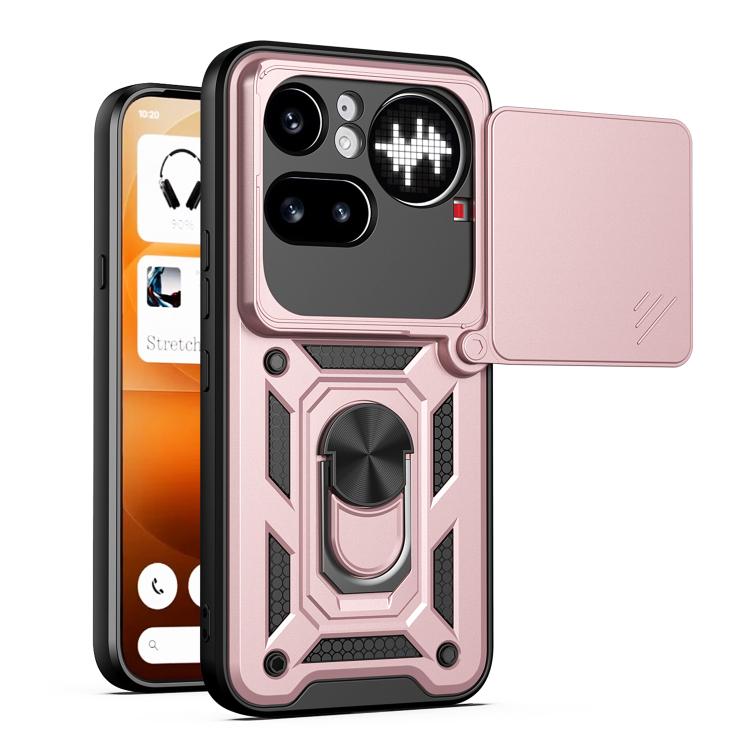 Rose pink rugged phone case with sliding camera cover and raised camera protection panel