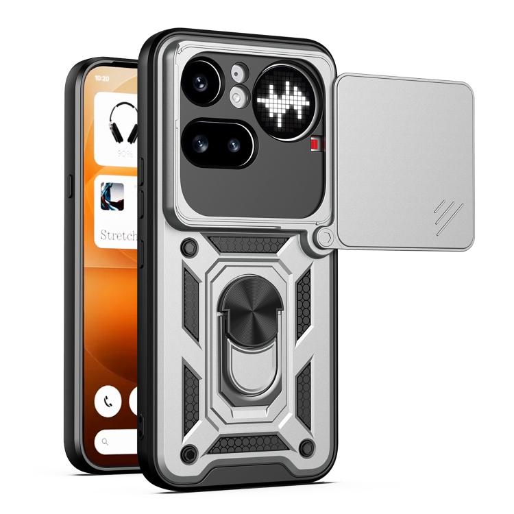 TPU/PC phone case with sliding camera cover, metallic gray and black armor style