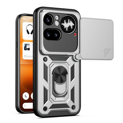 TPU/PC phone case with sliding camera cover, metallic gray and black armor style