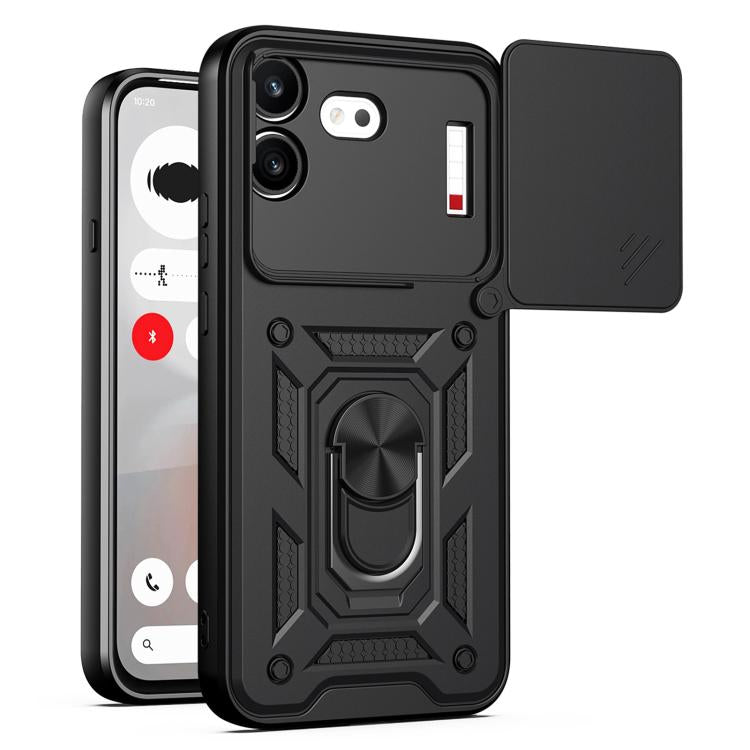 Black rugged TPU+PC phone case with sliding lens window cover and ring kickstand