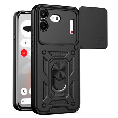 Black rugged TPU+PC phone case with sliding lens window cover and ring kickstand