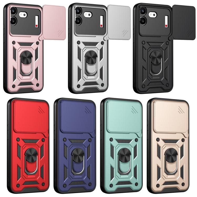 Multicolor rugged TPU+PC phone cases with sliding lens window cover and ring kickstand