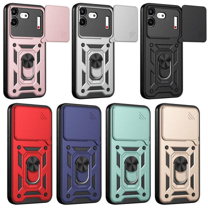 Multicolor rugged TPU+PC phone cases with sliding lens window cover and ring kickstand