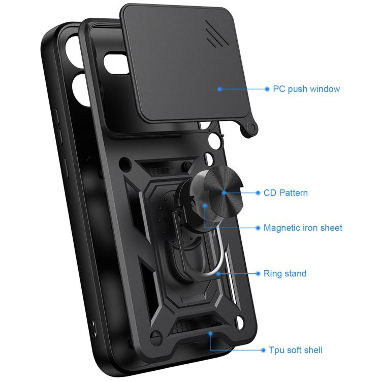 Black rugged TPU+PC phone case with ring kickstand and magnetic iron sheet panel