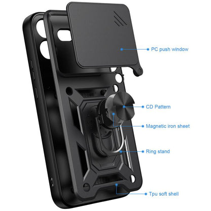 Black rugged TPU+PC phone case with ring kickstand and magnetic iron sheet panel