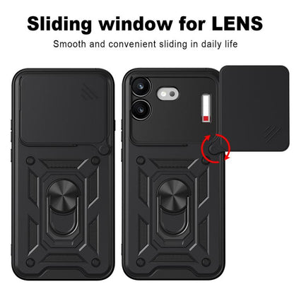 Black rugged TPU+PC phone case with sliding lens window and ring kickstand