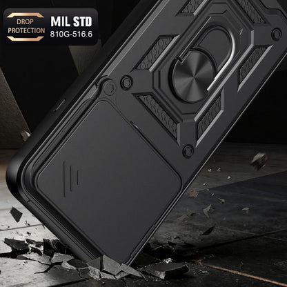 Black rugged TPU+PC phone case with textured grip pattern and ring kickstand