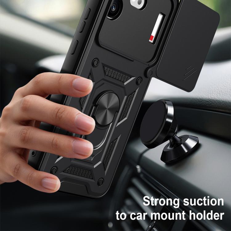 Black rugged TPU+PC phone case with ring stand and car mount holder attachment