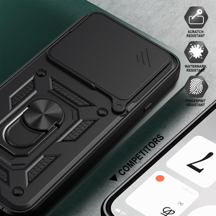 Black rugged TPU+PC phone case with ring kickstand and textured shockproof edges