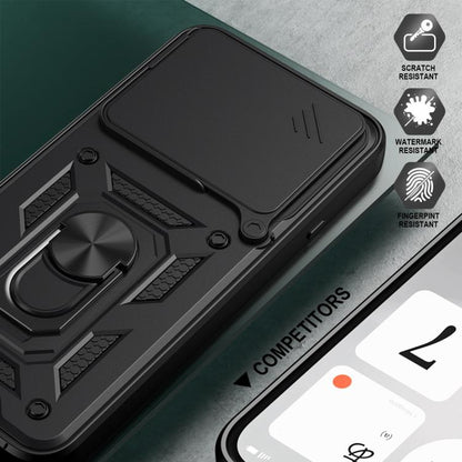 Black rugged TPU+PC phone case with ring kickstand and textured shockproof edges