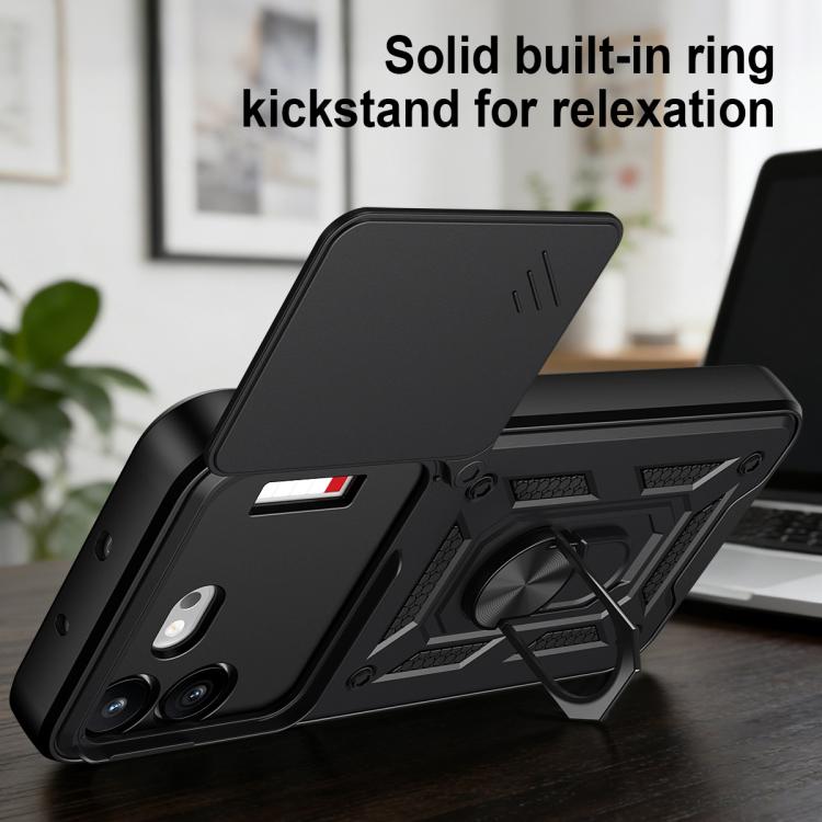 Black rugged TPU+PC phone case with built-in ring kickstand for hands-free viewing