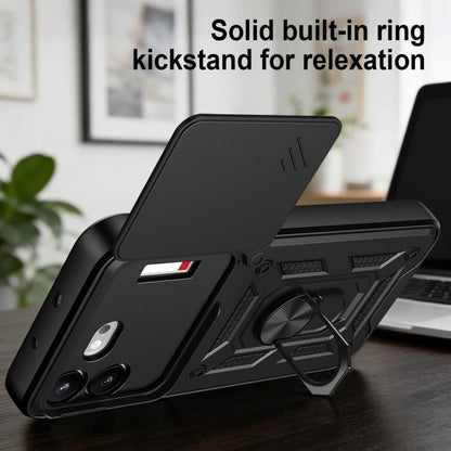 Black rugged TPU+PC phone case with built-in ring kickstand for hands-free viewing