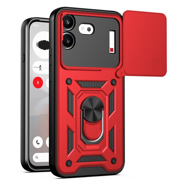 Red rugged TPU+PC phone case with sliding lens window cover and ring kickstand
