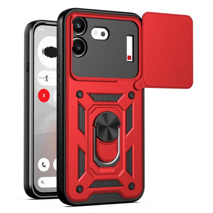 Red rugged TPU+PC phone case with sliding lens window cover and ring kickstand