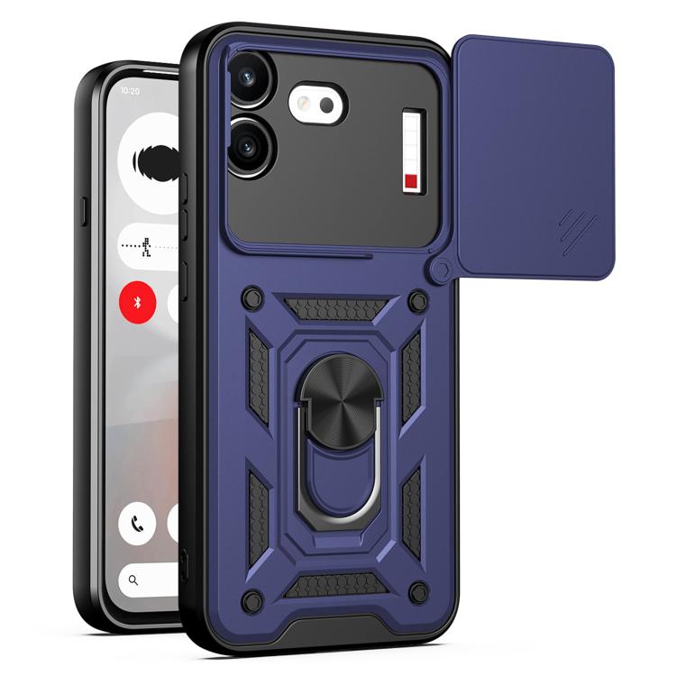 Blue rugged TPU+PC phone case with sliding lens window cover and ring kickstand