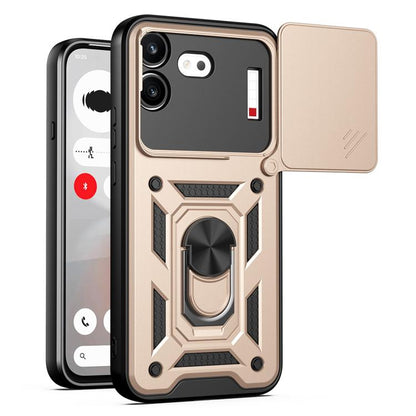 Beige rugged phone case with sliding camera cover and raised camera protection panel