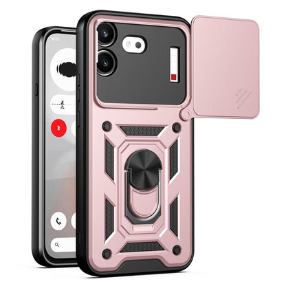 Pink rugged phone case with sliding camera cover and raised camera protection panel