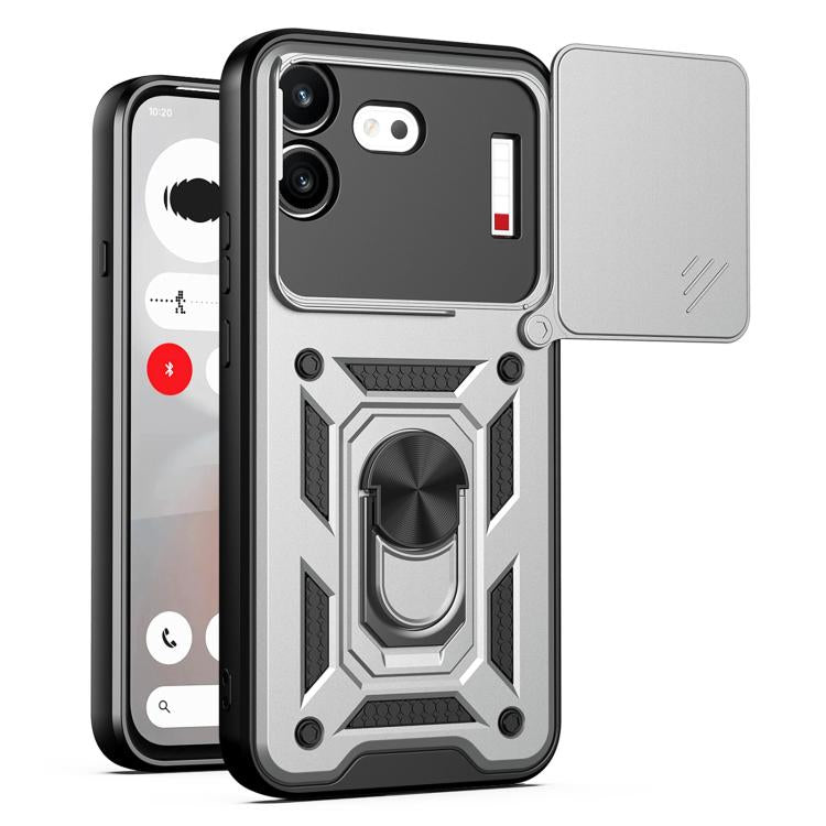 Gray rugged phone case with sliding camera cover and raised camera protection panel