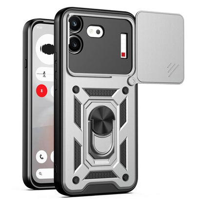 Gray rugged phone case with sliding camera cover and raised camera protection panel