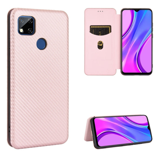 Pink carbon-fiber texture magnetic flip phone case with card slot and kickstand stand