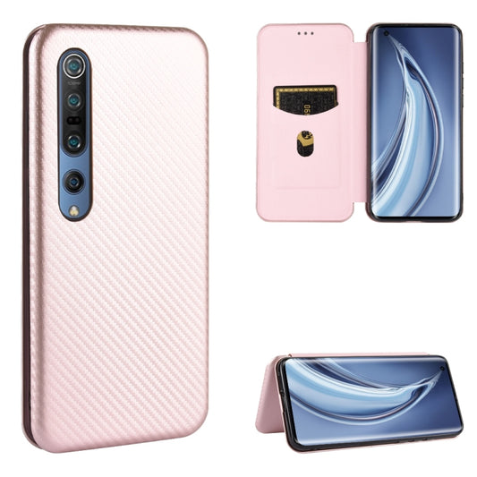 Pink flip phone case with carbon-fiber texture, magnetic closure, card slot, stand view
